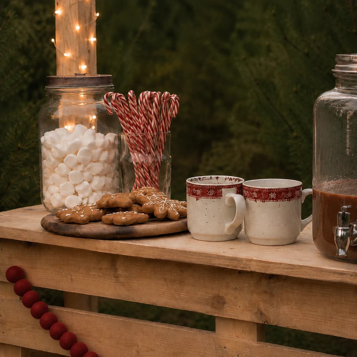 Detail vánočního kakaa, hrnečků, perníčků, marshmallows a cukrových hůlek